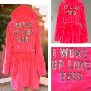 Rare Pink Victoria's Secret I Woke Up Like This Pink Robe with Sequin Text